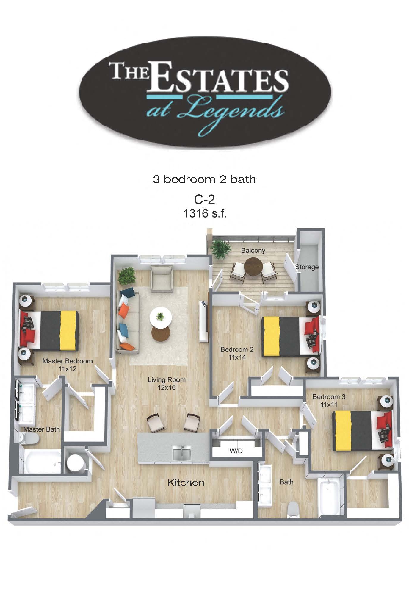 Floor plan for 3 beds, 2 baths, 1316 sqft